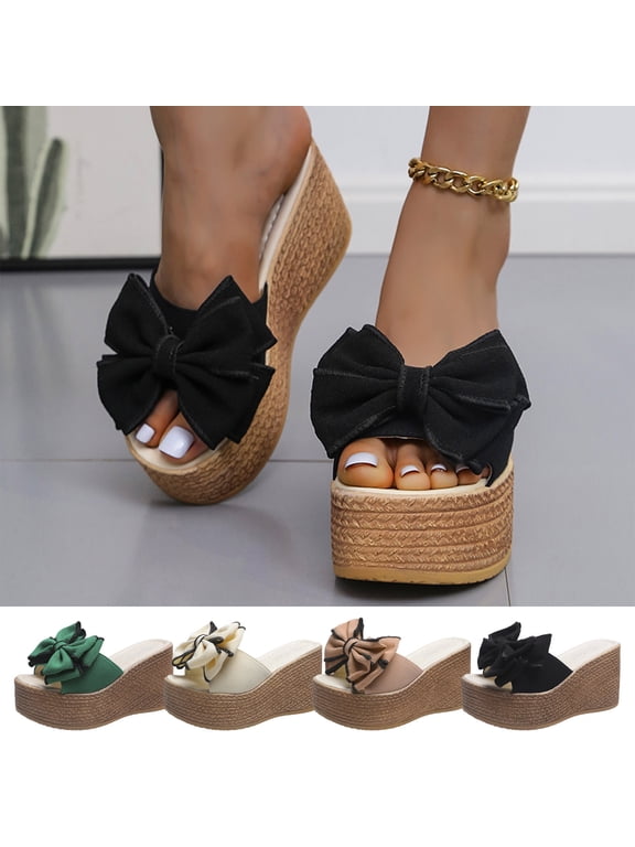 Women Shoes Wedge Slide Sandals for Women Fabric Bow Open Toe Platform Summer Sandals for Women Comfort Slip On Casual Beach Sandals Wide Feet Non Slip Outdoor Walking Solid Color Espadrille Mule