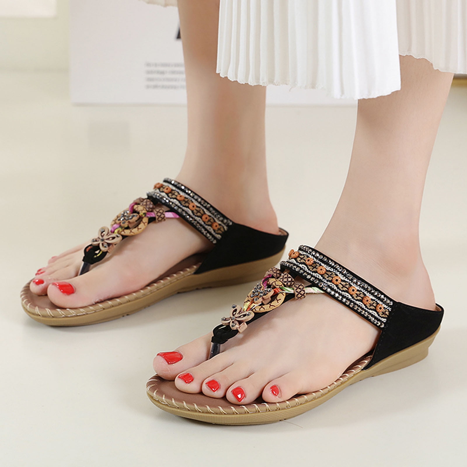 Women Shoes Wedges Sandals For Women Sandals Peep Toe T Strap Bohemia Sandals Flats Beach Shoes Black 8.5 Walmart