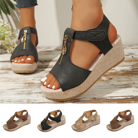 Women Shoes Wide Width Sandals for Women Faux Leather Peep Toe Platform Wedge Sandals Front Zipper Adjustable Hook Loop Back Strap Comfort Trendy Summer Casual Dress Sandals for Women Large Size