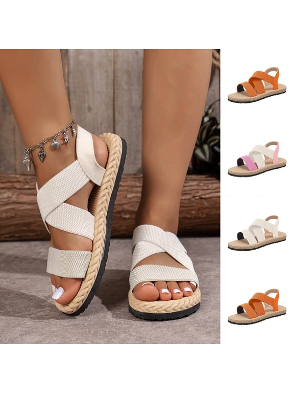 Women Shoes Wide Width Sandals for Women Summer Roman Strappy Platform Flats Shoes for Women Casual Beach Comfort Non Slip Elastic Fabric Ankle Wrap Sandals Large Size Walking Women's Sandals