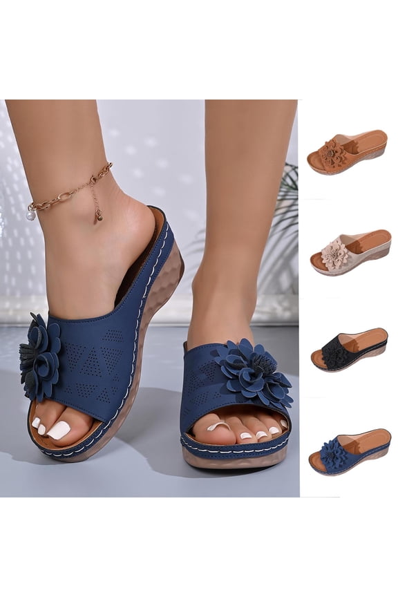Women Shoes for Women Open Toe Platform Slide Sandals Women Summer Sandals for Women Comfortable Wide Feet House Shoes for Women Breathable Perforated Faux Leather Wedge Heel Slip On Mules 3D Floral