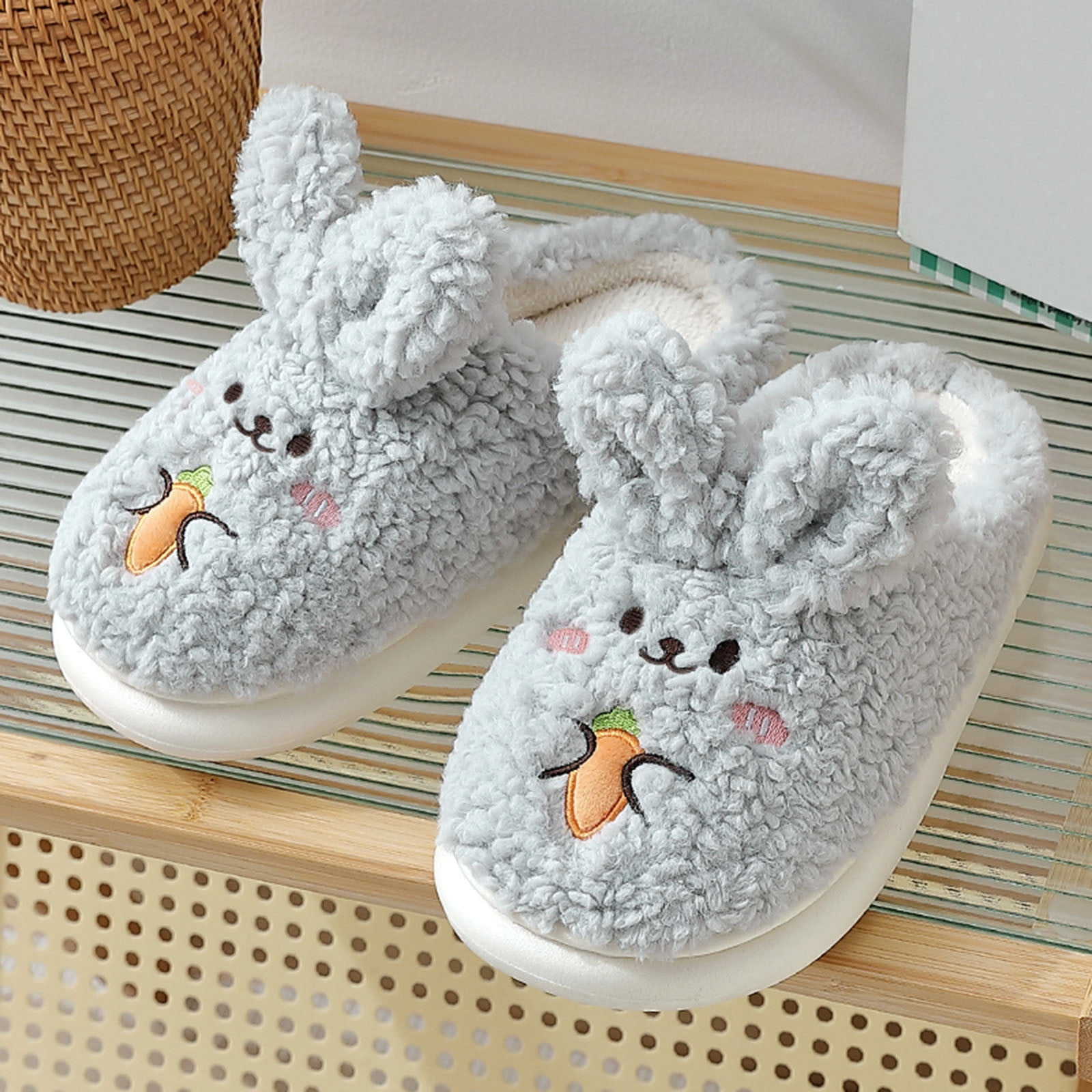 Women Shoes Couples Women Slip On Furry Plush Flat Home Winter Round Toe  Keep Warm Cartoon Rabbit Ear Slippers Shoes Pink 6.5