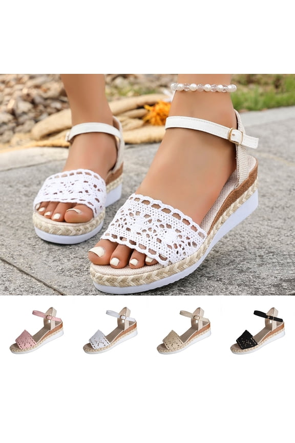Women Shoes for Women Spring Summer Casual Dress Platform Wedge Sandals for Women Adjustable Buckle Ankle Strap Hollow Crochet Mesh Breathable Comfort Heeled Sandals Wide Width Large Size Daily