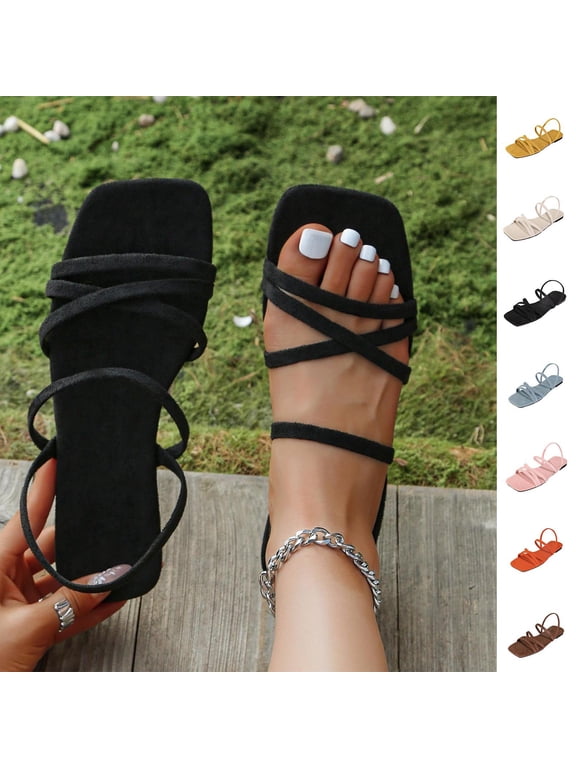 Women Shoes for Women Summer Casual Dress Square Open Toe Flat Sandals for Women Thin Crisscross Ankle Strap Comfort Slip On Sandals Wide Width Friendly Soft Suede Elegant Daily Walking Womens
