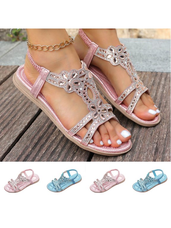 Women Shoes Women's Boho Rhinestone Gladiator Flat Sandals Summer Vintage Open Toe Beach Sandals for Women Wide Width Large Sizes Glitter Fabric Stretch Elastic Ankle Strap Non Slip Cushioned Sole