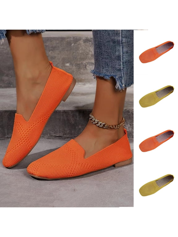 Women Shoes Women's Breathable Mesh Knit V Cut Slip On Loafers Spring Summer Square Toe Ballet Flats for Women Wide Width Large Sizes Lightweight Flexible Non Slip Cushioned Insole Comfort Walking