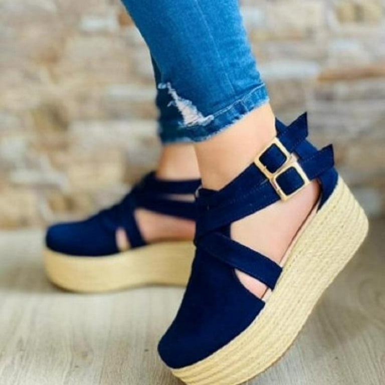 Women Shoes Women's Casual Solid Color Slope Heel Side Hollow Buckle  Fashion Sandals Blue 7.5