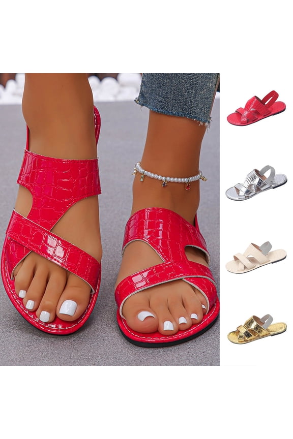 Women Shoes Women's Cutout Crisscross Strap Flat Sandals Summer Open Toe Beach Sandals for Women Wide Width Large Sizes Croc Embossed Patent Slip On Non Slip Cushioned Sole Comfort Walking Womens