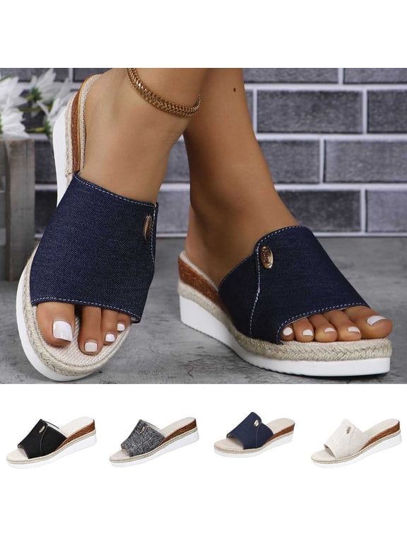 Women Shoes Women's Denim Linen Espadrille Wedge Slide Sandals Spring Summer Open Toe Platform Mules for Women Wide Width Large Sizes Contrast Stitch Metal Button Slip On Non Slip Cushioned Sole