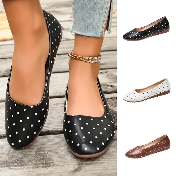 Women Shoes Women's Flats Slip On Loafers for Women Wide Width Comfortable Ballet Flats Smooth Faux Leather Polka Dot Print Round Toe Flat Shoes Women Shoes Casual Dress Black Flats Daily Walking