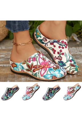 Women Shoes Women's Floral Print Closed Toe Wedge Platform Mule Slides Spring Summer Slip On Backless Sandals for Women Wide Width Large Sizes Soft Faux Leather Non Slip Cushioned Insole Comfort
