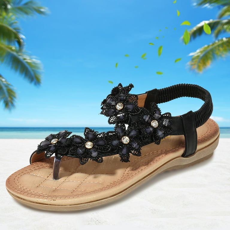 Women Shoes Women's Sandals Flat Heel Fashion Flower Accessories Sandals  Summer Flip Flops Women's Shoes Black 9