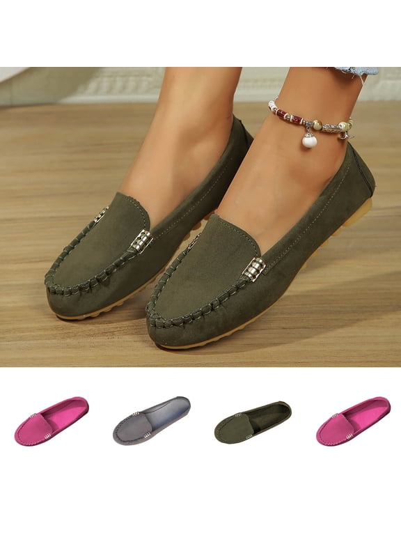 Women Shoes Women's Suede Slip On Loafers Spring Summer Round Toe Ballet Flats for Women Wide Width Large Sizes Solid Color Metal Bar Decor Non Slip Cushioned Insole Comfort Walking Womens Casual