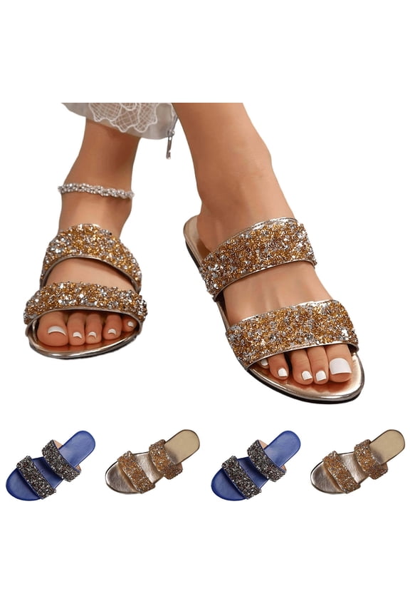 Women Shoes Women's Two Strap Glitter Rhinestone Slide Sandals Summer Open Toe Slip On Flat Mules for Women Wide Width Large Sizes Shiny Sequins Non Slip Cushioned Insole Comfort Walking Womens