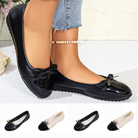 Women Shoes Womens Flats Slip On Ballet Flats for Women Closed Toe Two Tone Patchwork Flat Shoes Patent Bow Decor Soft Faux Leather Comfort Walking Loafers Wide Width Women Shoes Casual Dress Daily