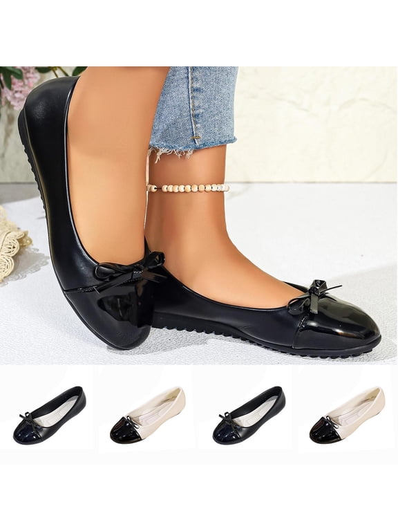 Women Shoes Womens Flats Slip On Ballet Flats for Women Closed Toe Two Tone Patchwork Flat Shoes Patent Bow Decor Soft Faux Leather Comfort Walking Loafers Wide Width Women Shoes Casual Dress Daily