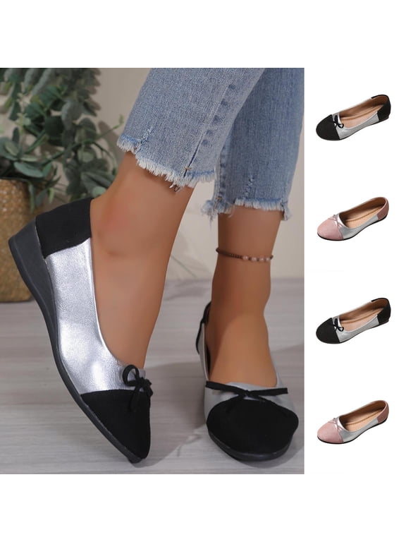 Women Shoes Womens Flats Slip On Ballet Flats for Women Round Toe Two Tone Patchwork Low Wedge Flat Shoes Bow Decor Soft Faux Leather Comfort Walking Loafers Wide Width Women Shoes Casual Dress
