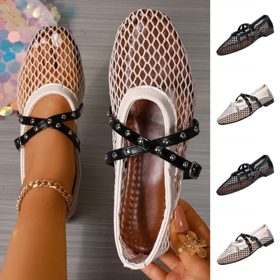Women Shoes Womens Flats Summer Closed Square Toe Mary Jane Loafers for Women Wide Width Breathable Hollow Mesh Cross Rivet Buckle Strap Lightweight Comfort Slip On Walking Shoes Women Casual Solid