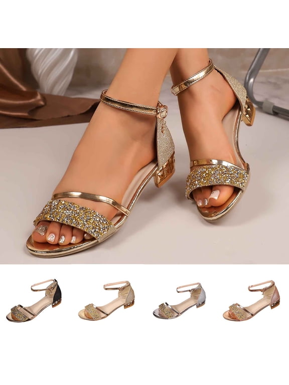 Women Shoes Womens Sandals Spring Low Block Heel Sandals for Women Wide Width Open Round Toe Rhinestone Glitter Ankle Strap Buckle Sandals Women Comfort Dress Casual Evening Wedding Walking Gold