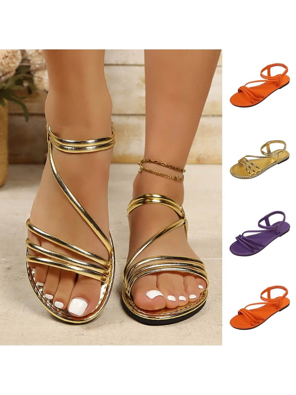 Women Shoes Womens Sandals Summer Flat Gladiator Sandals for Women Wide Width Open Round Toe Thin Metallic Multi Strap Wrap Ankle Lightweight Comfort Slip On Walking Beach Sandals Women Casual Gold