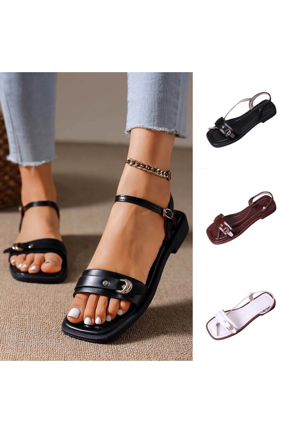 Women Shoes Womens Sandals Summer Flat Sandals for Women Wide Width Open Square Toe Slingback One Strap Metal Buckle Lightweight Comfort Flats Women Casual Outdoor Beach Walking Solid Color Sandals
