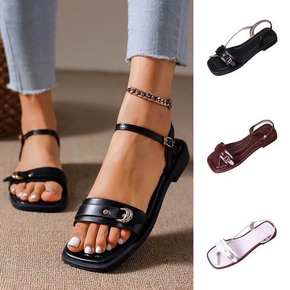 Women Shoes Womens Sandals Summer Flat Sandals for Women Wide Width Open Square Toe Slingback One Strap Metal Buckle Lightweight Comfort Flats Women Casual Outdoor Beach Walking Solid Color Sandals