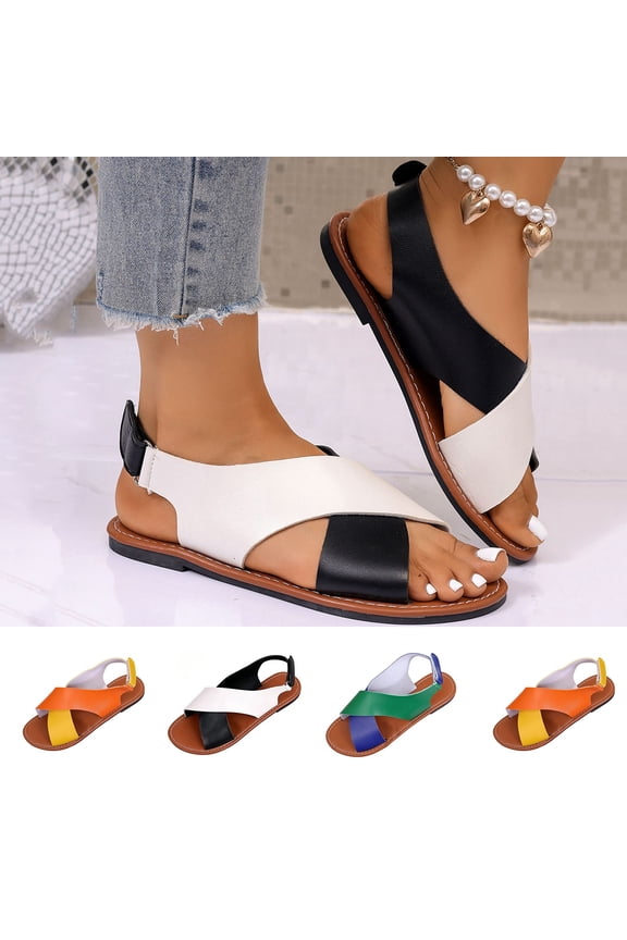 Women Shoes Womens Sandals Summer Flat Wrap Around Ankle Sandals for Women Wide Width Open Toe Two Tone Crisscross Strap Lightweight Comfort Slip On Walking Beach Sandals Women Casual Color Block