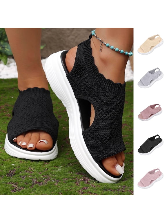 Women Shoes Womens Sandals Summer Platform Slip On Sandals for Women Wide Width Open Round Toe Breathable Knit Mesh Walking Flats Women Casual Outdoor Beach Solid Scalloped Edge Comfort Platform