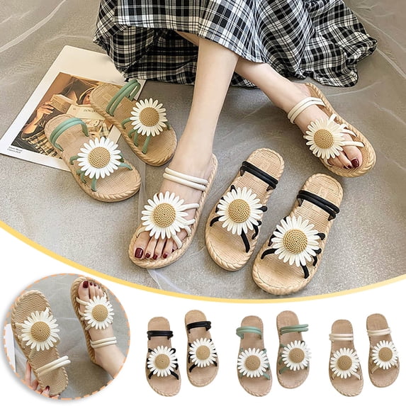 Women Shoes Womens Sandals Two Way Wear Flat Slide Sandals for Women Summer Beach Outdoor Soft Cushion Comfort Walking Flip Flops for Women Lightweight Non Slip Faux Straw Daisy Decor Strap Women