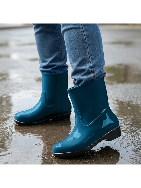 Women Short Ankle Rain Boots, Waterproof PVC Mid‑Calf Wellies, Low Heel Non‑Slip Rubber Boots for Outdoor Gardening