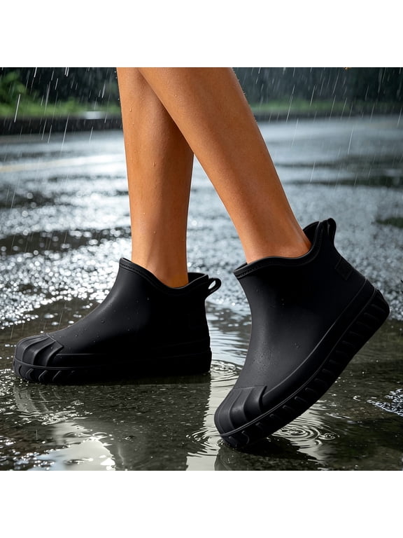 Women Short Ankle Rain Boots, Waterproof Rubber Chelsea Wellies, Non Slip Thick Sole Outdoor Rain Shoes, Fashion Lightweight Mud Boots Black 7.5(39)