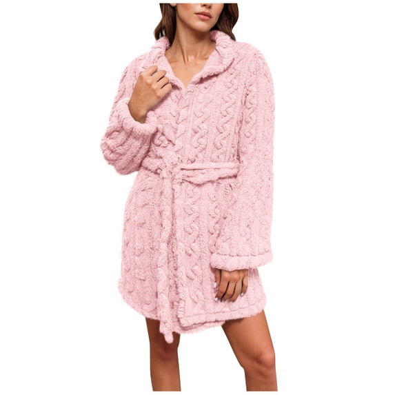 Women Short Bathrobes, Thick Warm Cozy Fleece Robe for Women Belted Shawl Collar Long Sleeve Bathrobe Loungewear for Winter