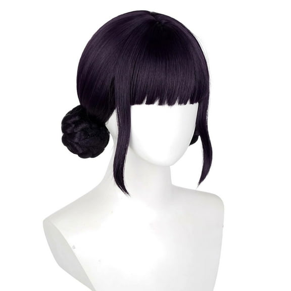 Women Short Black Purple Cosplay Wig with 2 Buns for Halloween Party Costume