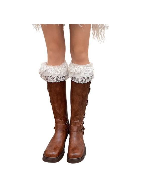 Winter Warm Boot Cuffs for Women, Short Leg Warmers Crochet Knitted Boot Socks with Lace Trim Boot Toppers Socks
