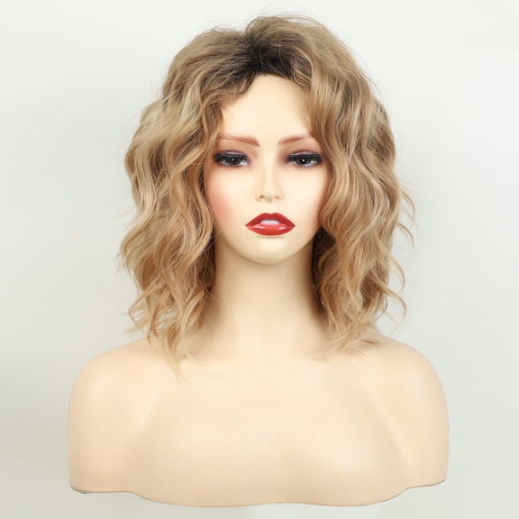 Women Short Curly Blonde Ombre Wig Side Part Bangs Heat Resistant Synthetic Hair