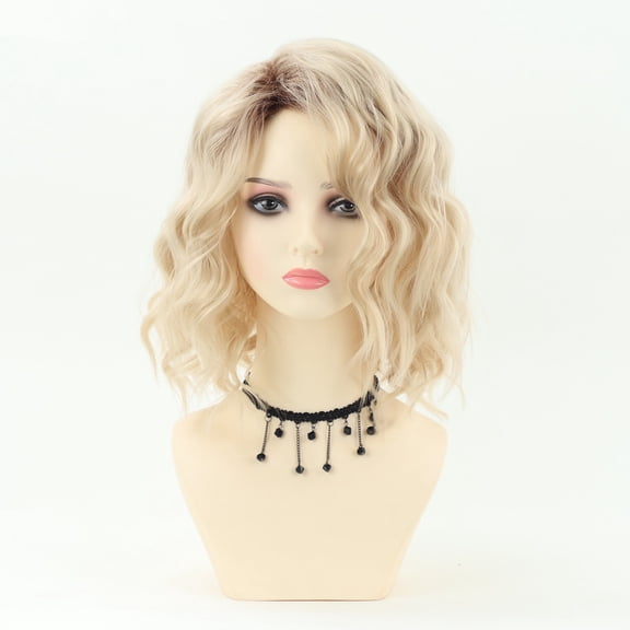 Women Short Curly Blonde Ombre Wig Side Part Bangs Heat Resistant Synthetic Hair
