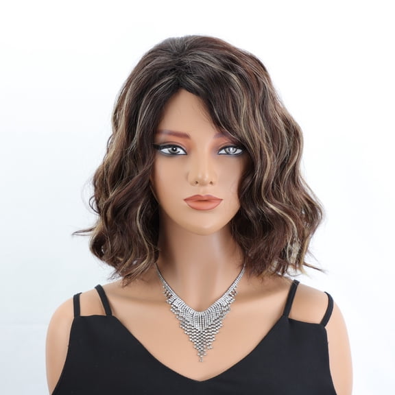 Women Short Curly Blonde Ombre Wig Side Part Bangs Heat Resistant Synthetic Hair