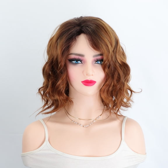 Women Short Curly Blonde Ombre Wig Side Part Bangs Heat Resistant Synthetic Hair