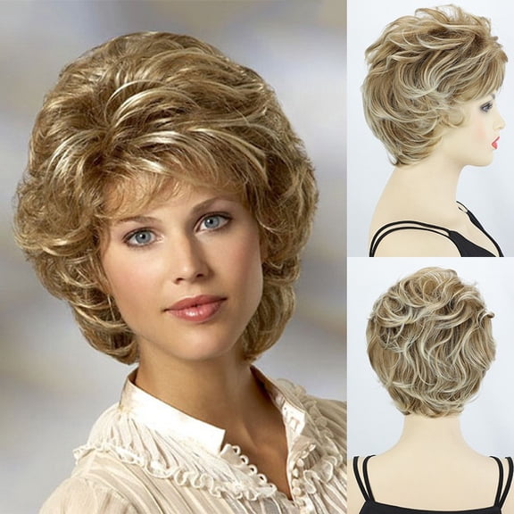 Women Short Curly Blonde Wig Side Bangs Heat Resistant Synthetic Hair