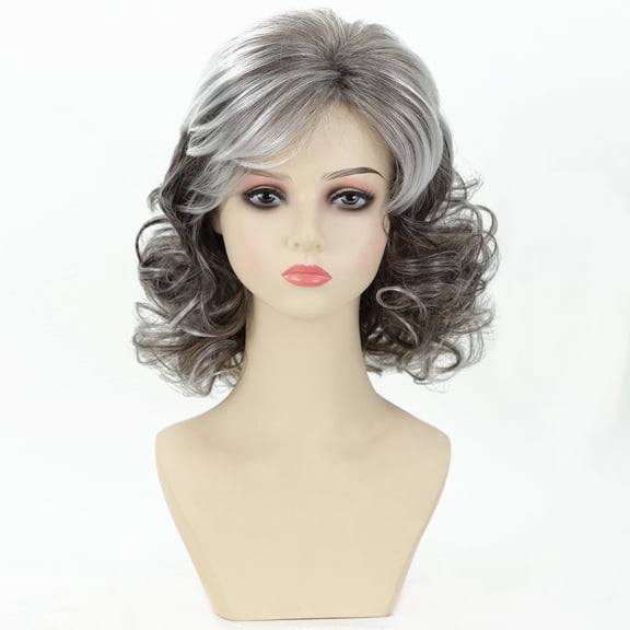Women Short Curly Gray Ombre Wig Adjustable Bangs Heat Resistant Synthetic Hair