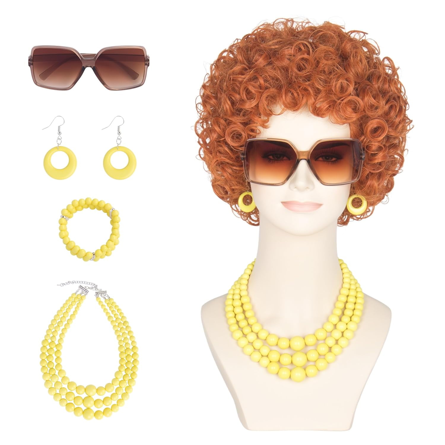 Women Short Curly Red Brown Wig and Glasses Yellow Oversized Jewelry Set Party Cosplay Wig