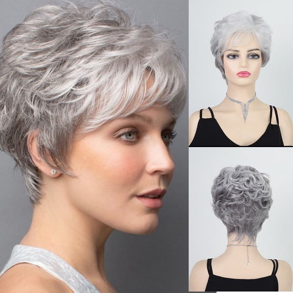 Women Short Curly Silver Wig Fluffy Style Bangs Heat Resistant Synthetic Hair