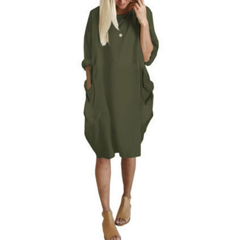 Women Short Dress For Winter Long Sleeve Pocket T Shirts Blouse