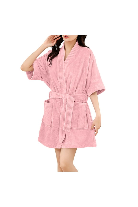 Women Short Fleece Robe, Wrap V-Neck Short Sleeve Absorbent Bathrobes Winter Warm Thick Spa Bath Robes with Belt Side Pockets