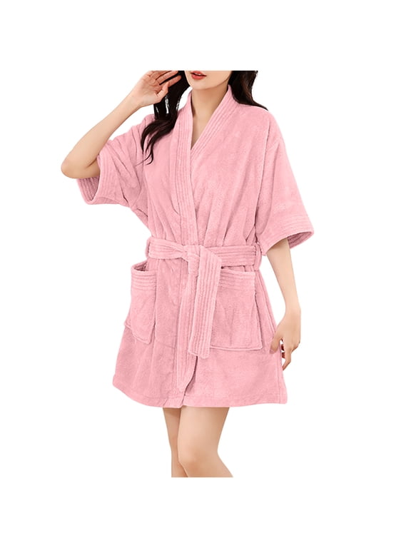 Women Short Fleece Robe, Wrap V-Neck Short Sleeve Absorbent Bathrobes Winter Warm Thick Spa Bath Robes with Belt Side Pockets