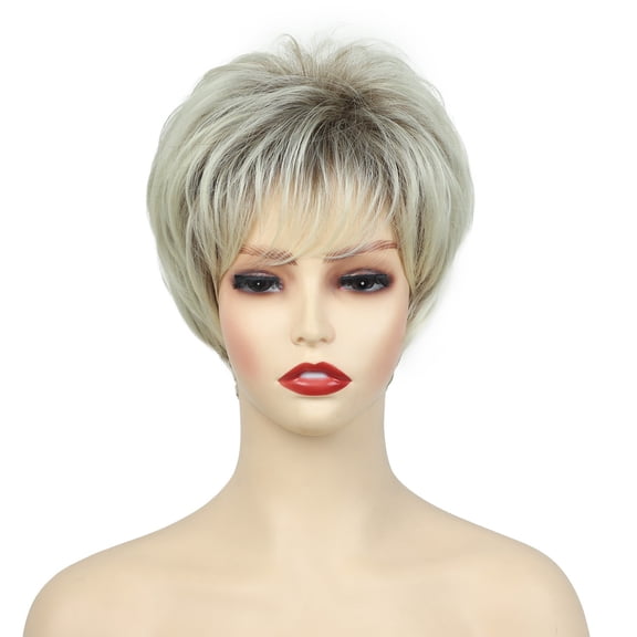 Women Short Fluffy Blonde Wig Side Bangs Natural Heat Resistant Synthetic Hair