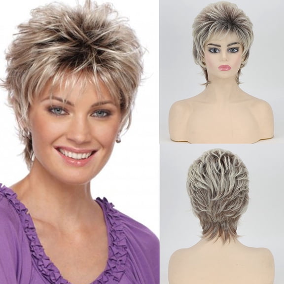 Women Short Fluffy Wig Natural Look Side Bangs Heat Resistant Synthetic Hair