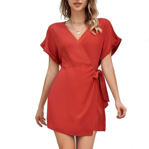 Women Short Jumpsuit V Neck Short Sleeve Elastic Waist Tie Pure Color Loose Short Jumpsuit for Party Holiday Club Red XL Rawiri