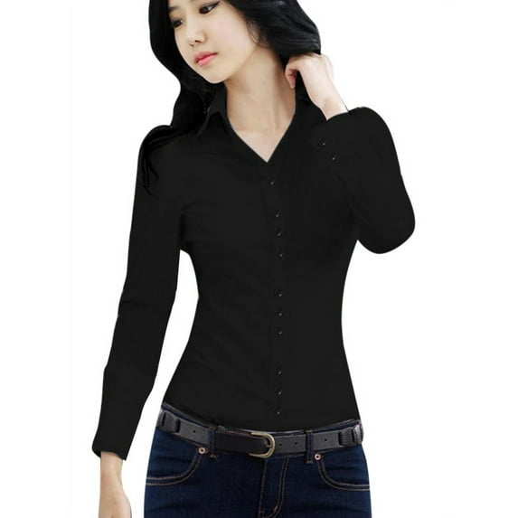 Women Short Long Sleeve Classic OL T Shirt Button Down Blouse Tops Shirts