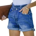 thumbnail image 1 of Women Short Pants Elastic Waist Button Pockets Rolled Edges Simple Casual Summer Shorts Deep Blue XL, 1 of 8